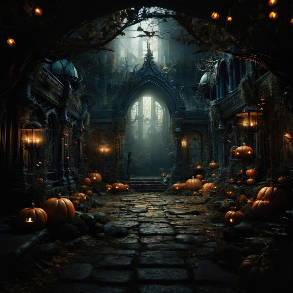 Old Castle Pumpkin Lanterns Halloween Backdrop UK RR7-451