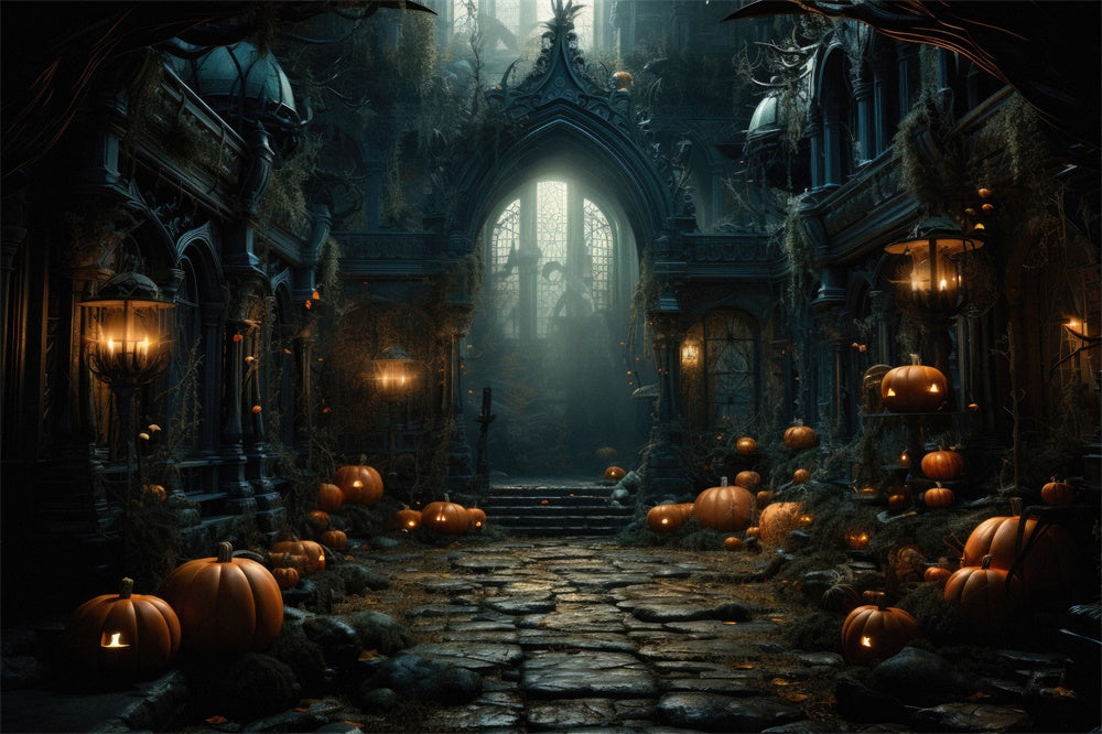 Old Castle Pumpkin Lanterns Halloween Backdrop UK RR7-451