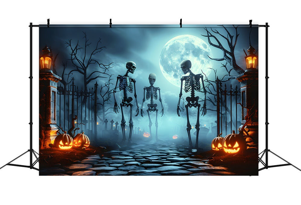 Halloween Spooky Cemetery Gate Skeleton Backdrop UK RR7-454