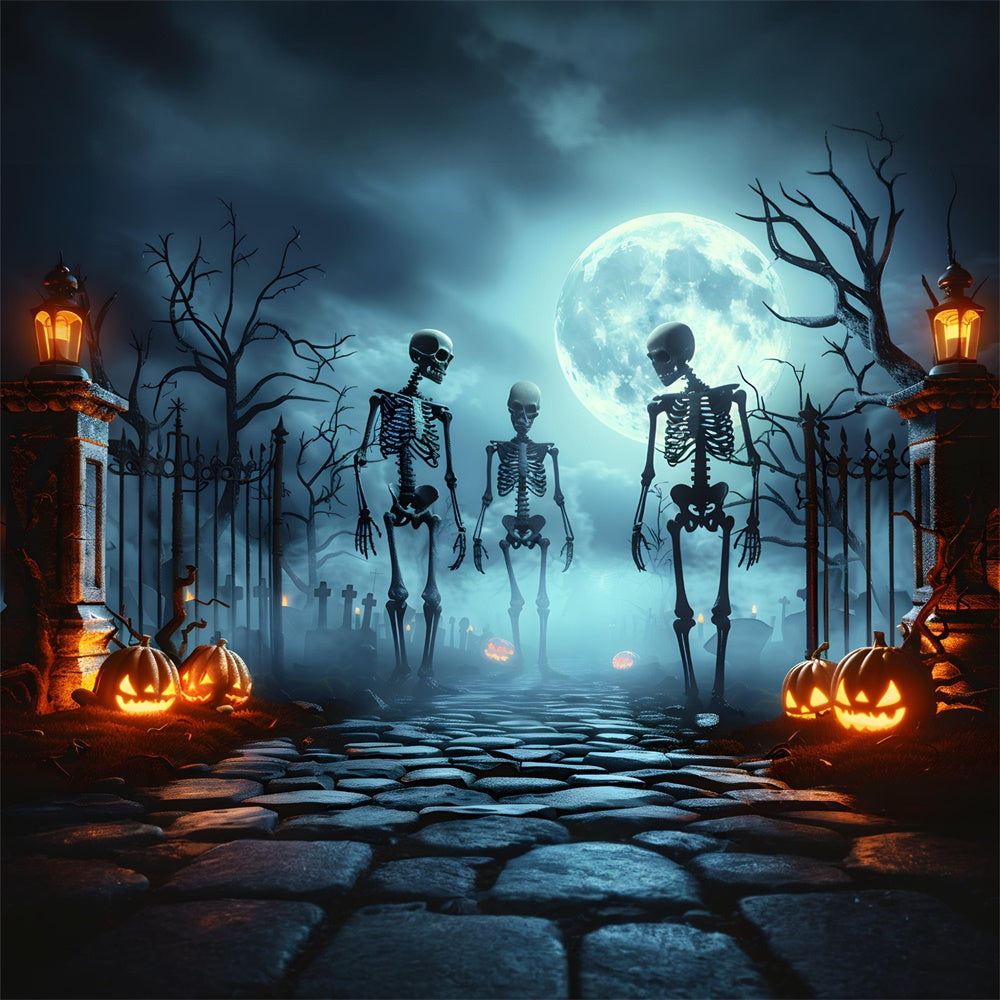 Halloween Spooky Cemetery Gate Skeleton Backdrop UK RR7-454