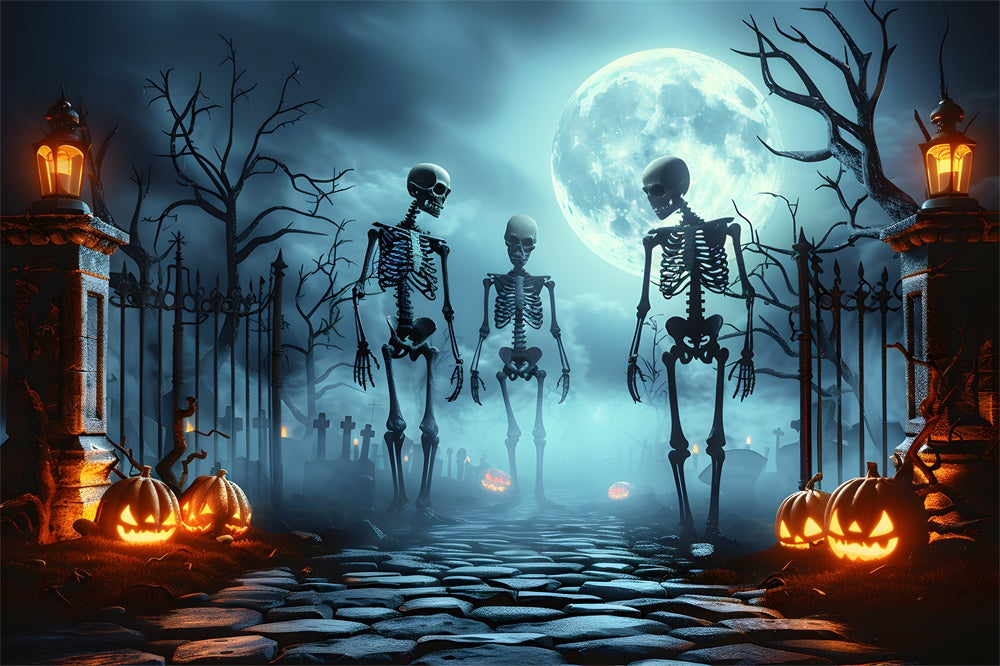 Halloween Spooky Cemetery Gate Skeleton Backdrop UK RR7-454