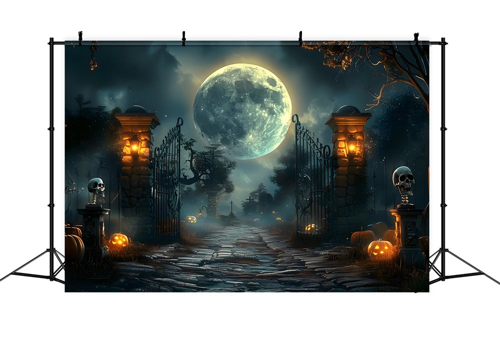 Halloween Dark Graveyard Gate Skeleton Backdrop UK RR7-455