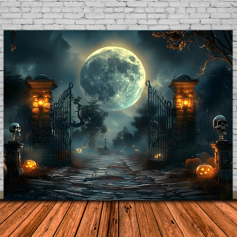 Halloween Dark Graveyard Gate Skeleton Backdrop UK RR7-455