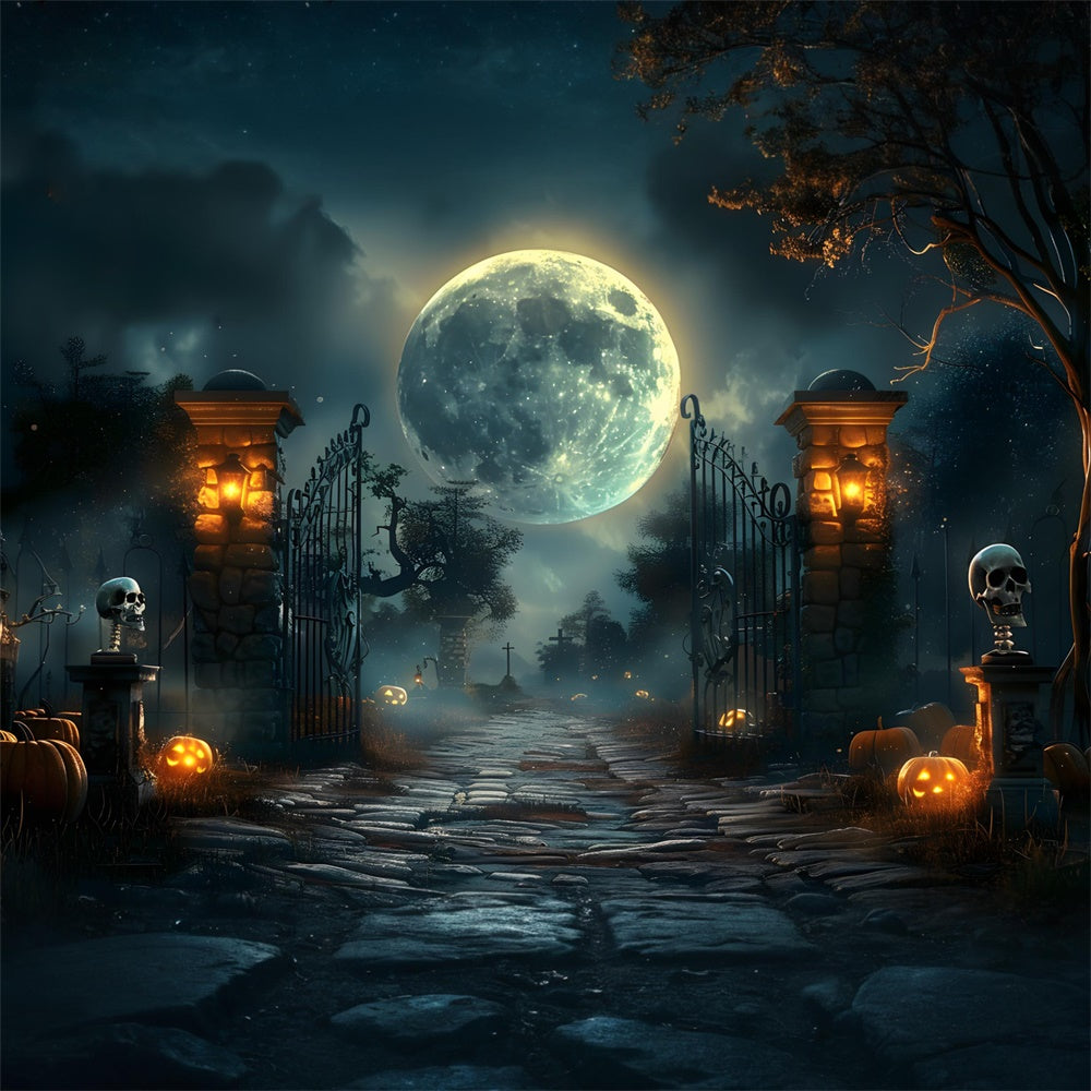 Halloween Dark Graveyard Gate Skeleton Backdrop UK RR7-455