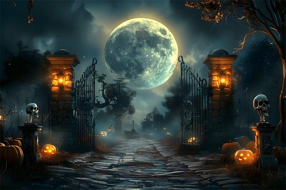 Halloween Dark Graveyard Gate Skeleton Backdrop UK RR7-455