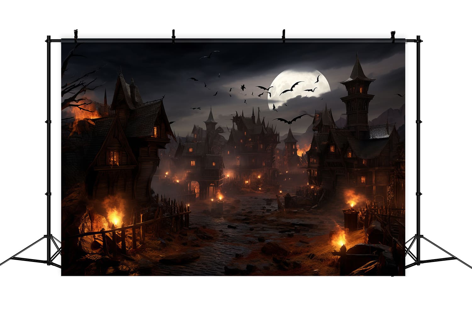 Halloween Horror Night Bats Flames Backdrop UK RR7-46