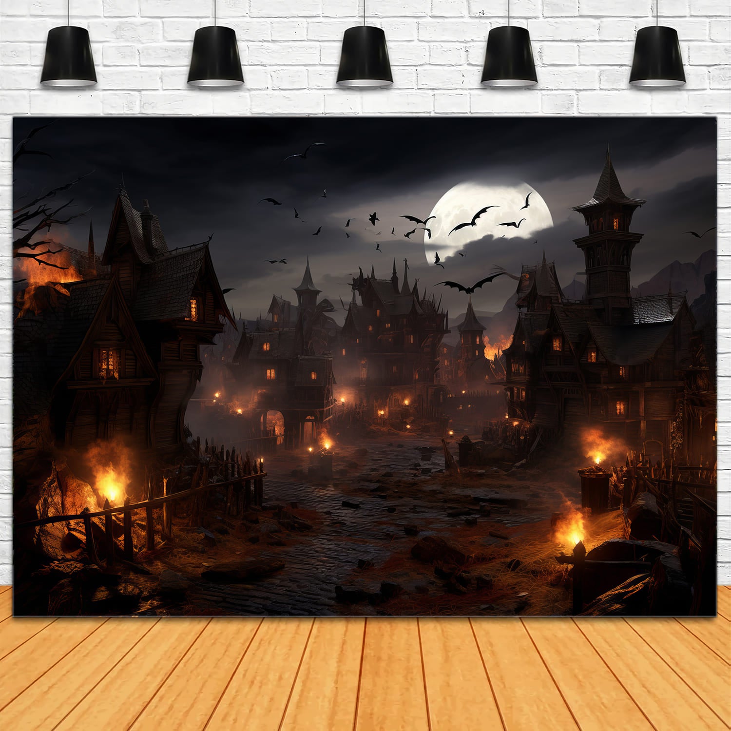 Halloween Horror Night Bats Flames Backdrop UK RR7-46