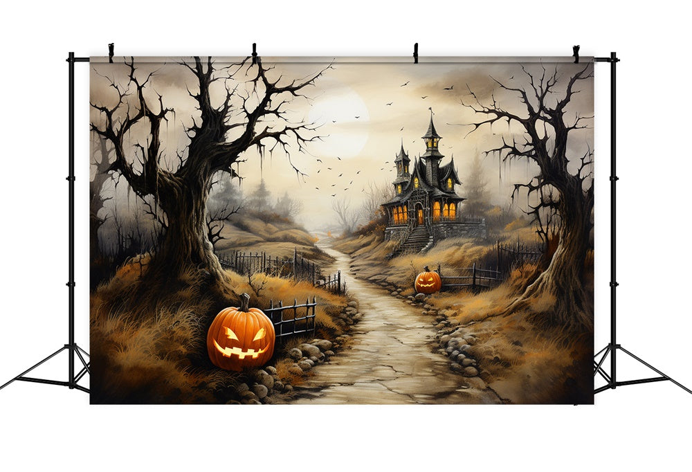 Halloween Scary Castle Path Pumpkin Backdrop UK RR7-460