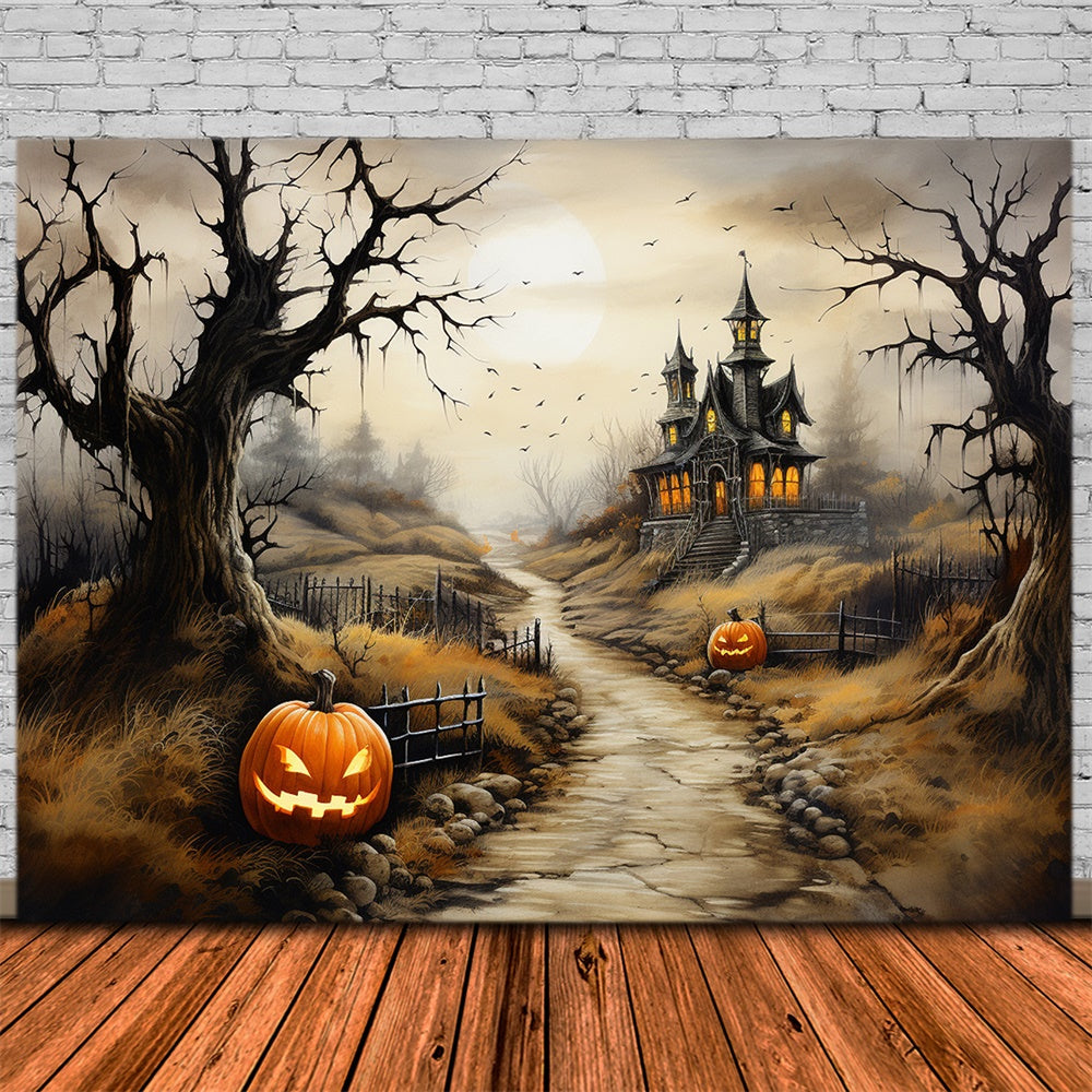 Halloween Scary Castle Path Pumpkin Backdrop UK RR7-460