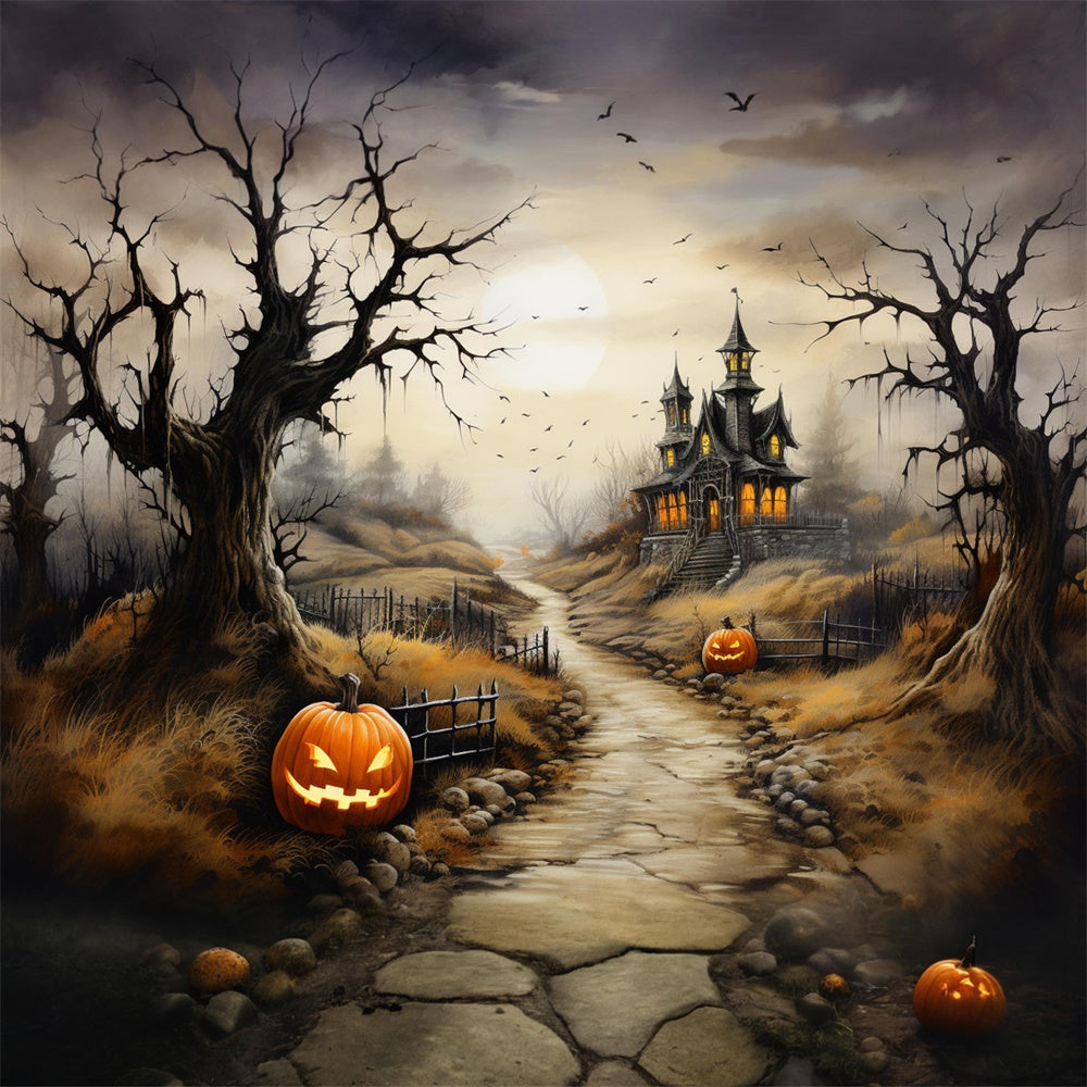 Halloween Scary Castle Path Pumpkin Backdrop UK RR7-460