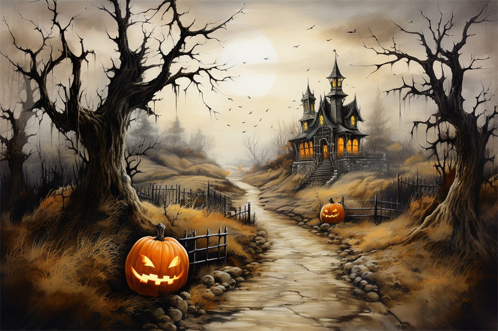 Halloween Scary Castle Path Pumpkin Backdrop UK RR7-460