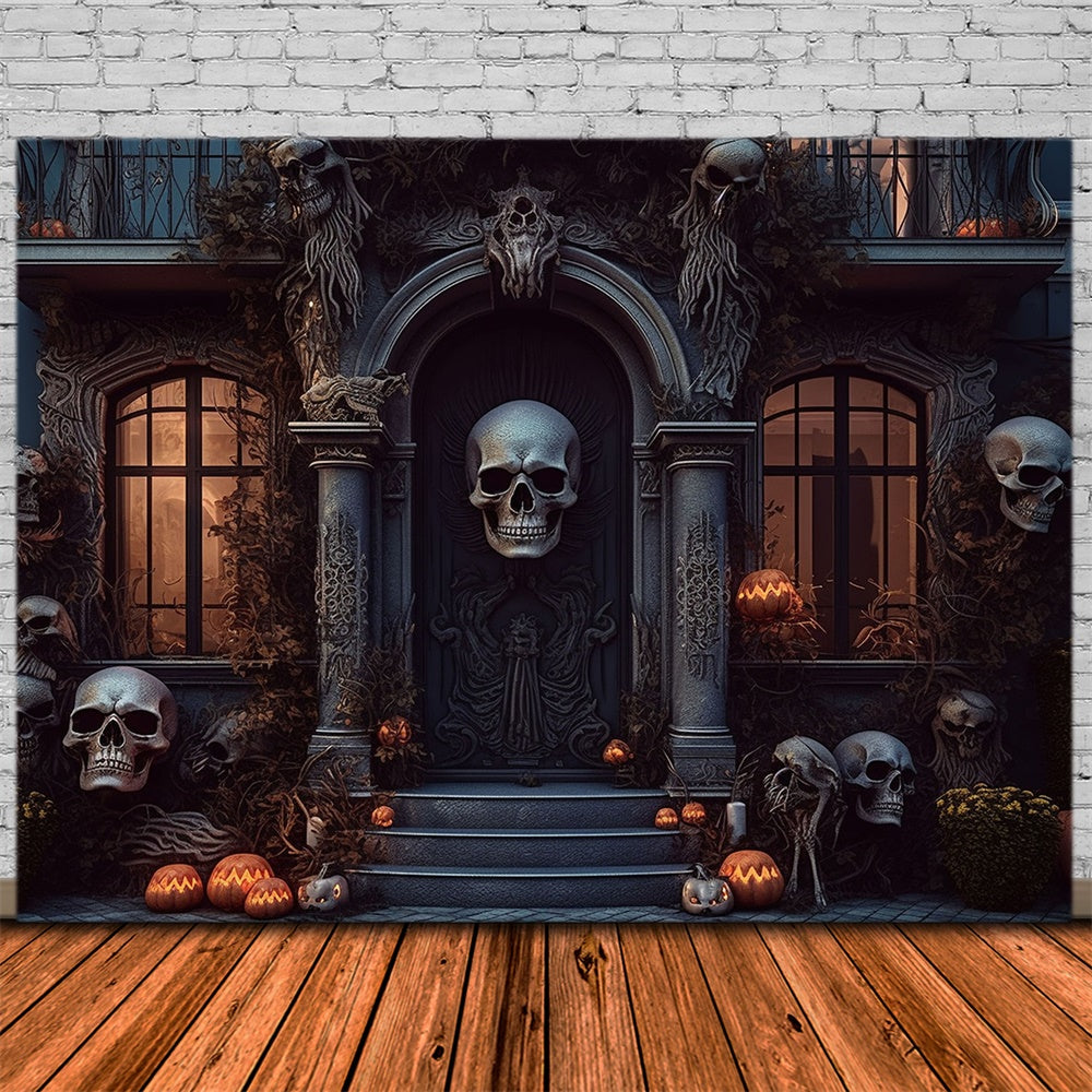 Spooky House Door Skull Halloween Backdrop UK RR7-462