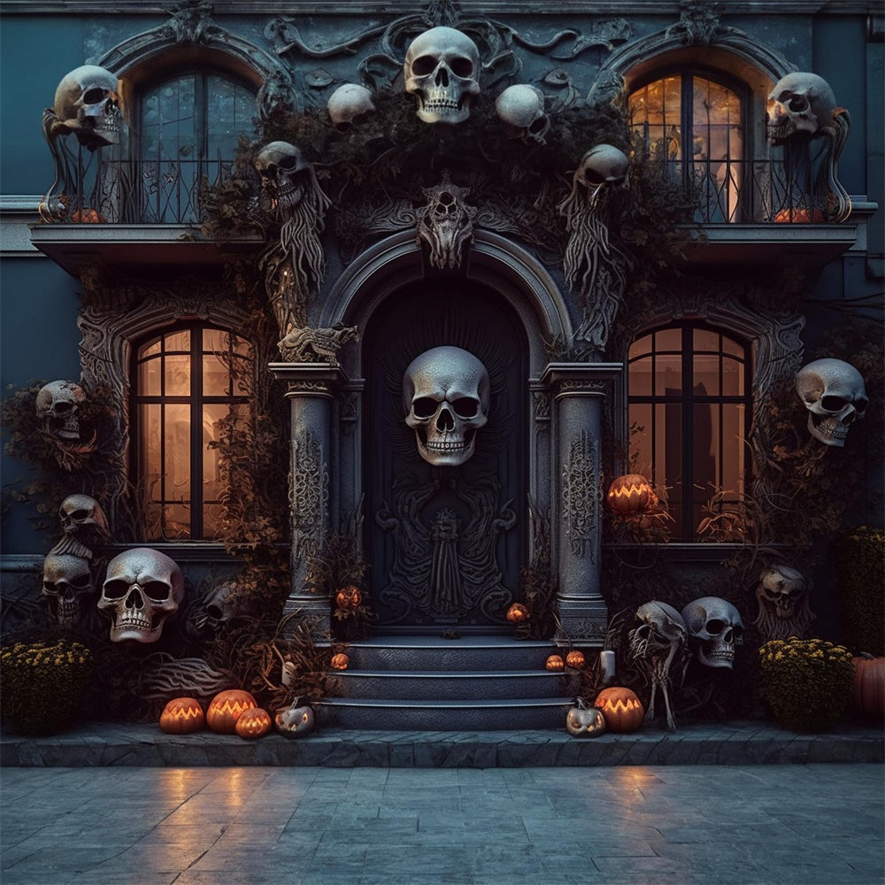 Spooky House Door Skull Halloween Backdrop UK RR7-462