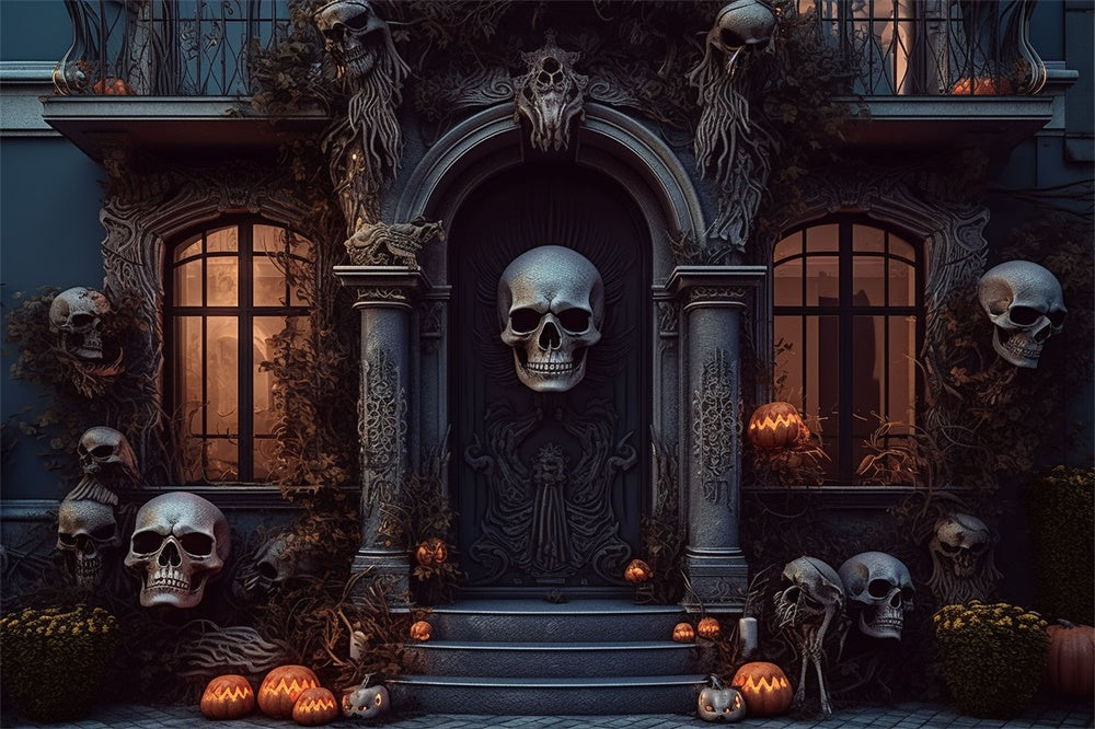 Spooky House Door Skull Halloween Backdrop UK RR7-462