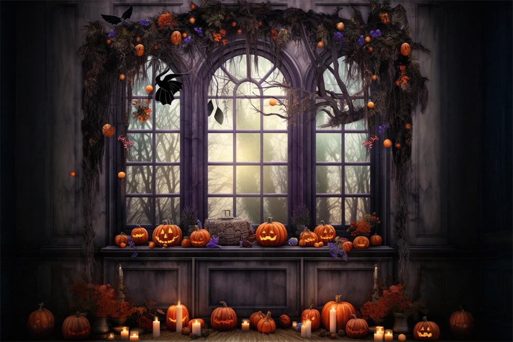 Halloween Window Pumpkin Candle Backdrop UK RR7-466