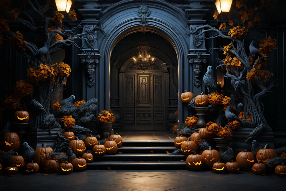 Halloween Pumpkin Mansion Gate Backdrop UK RR7-467