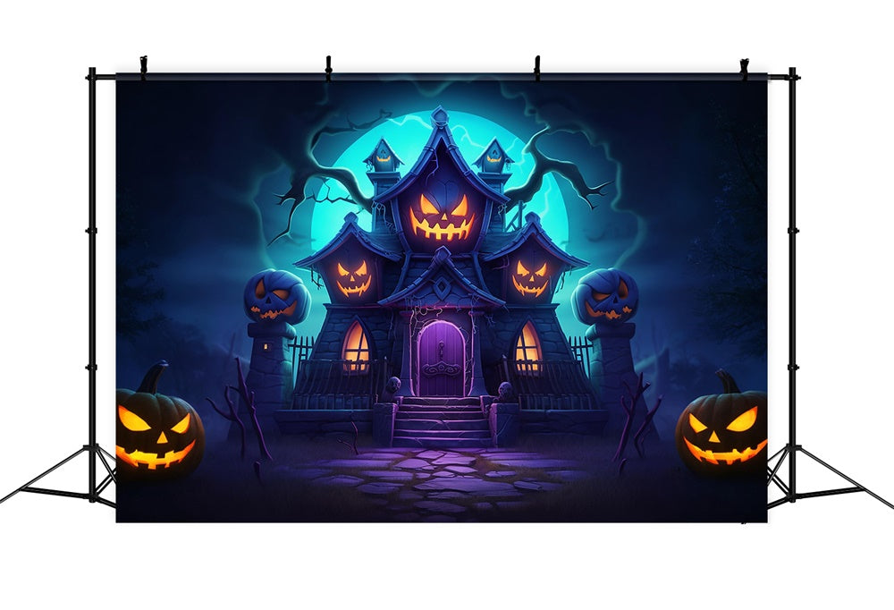 Evil Pumpkin House Halloween Photography Backdrop UK RR7-470