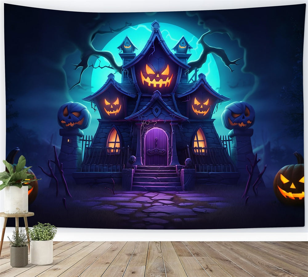 Evil Pumpkin House Halloween Photography Backdrop UK RR7-470