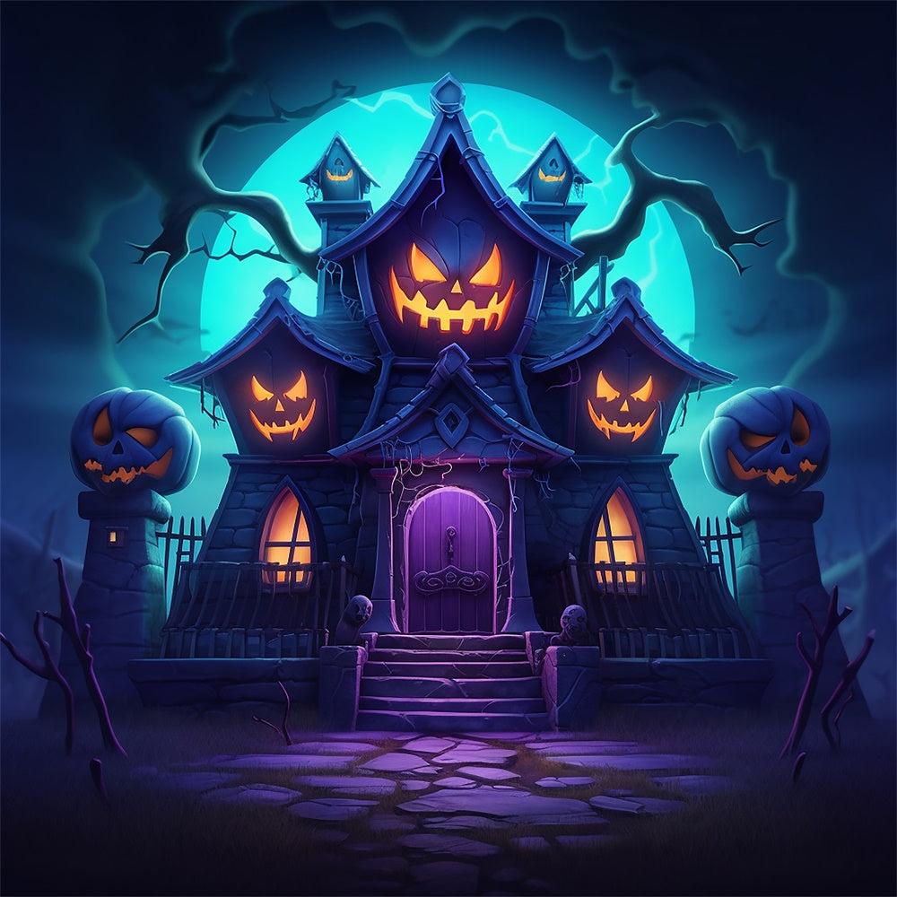 Evil Pumpkin House Halloween Photography Backdrop UK RR7-470