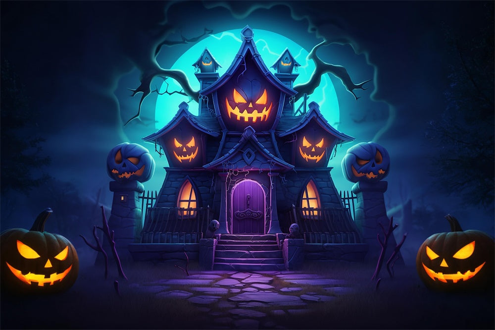 Evil Pumpkin House Halloween Photography Backdrop UK RR7-470