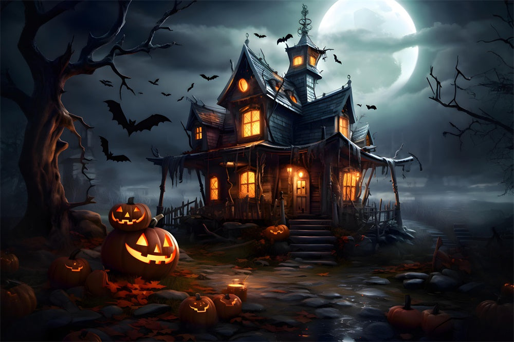 Halloween Moon Haunted Castle Pumpkin Backdrop UK RR7-475