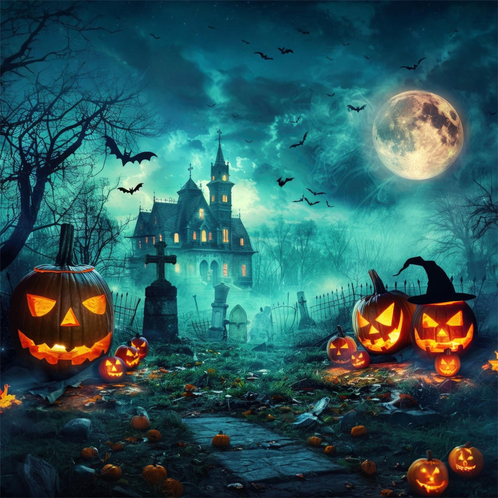 Cemetery Ghost House Halloween Moon Backdrop UK RR7-477