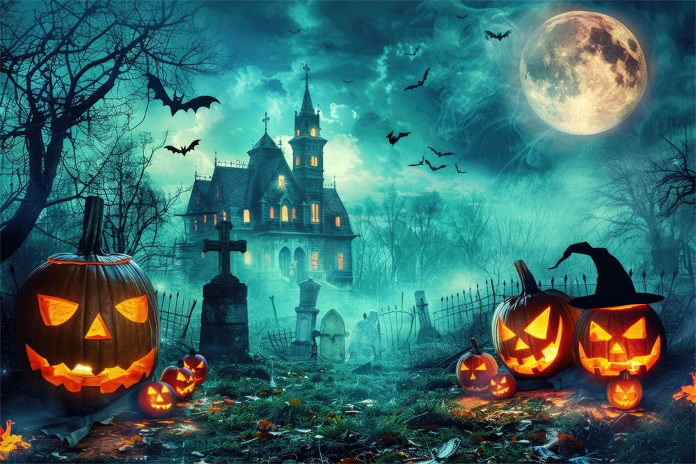 Cemetery Ghost House Halloween Moon Backdrop UK RR7-477