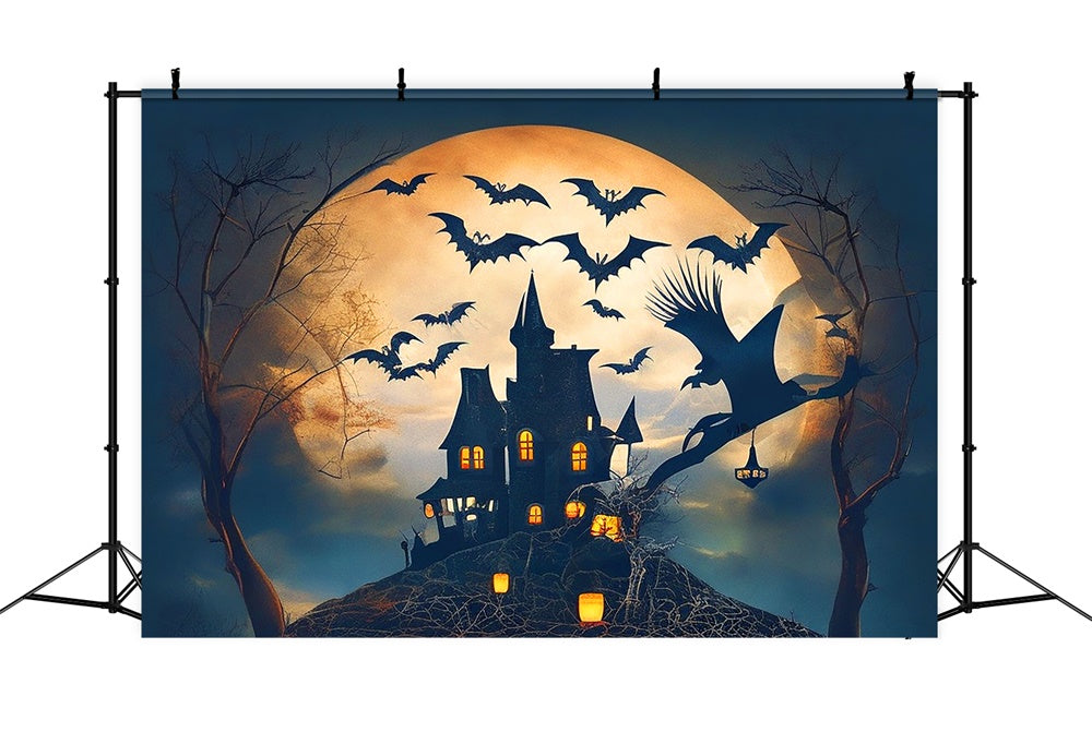 Halloween Full Moon Castle Bats Witch Backdrop UK RR7-479