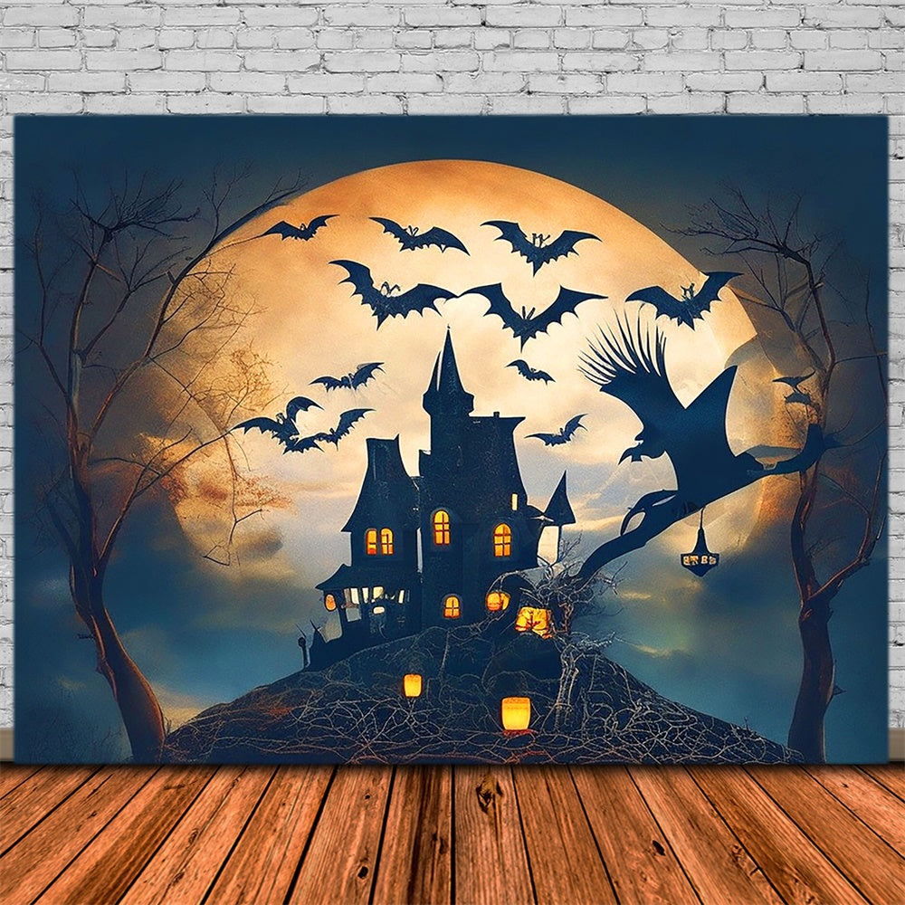 Halloween Full Moon Castle Bats Witch Backdrop UK RR7-479