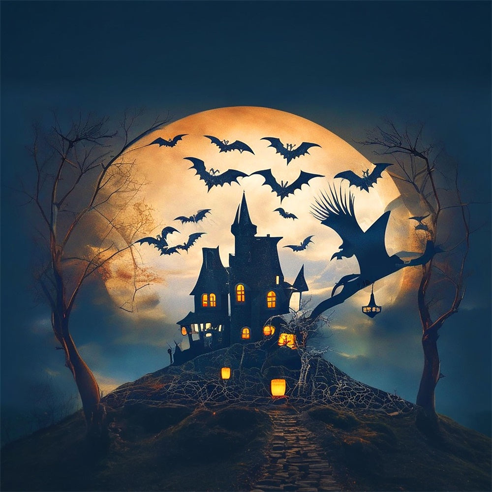 Halloween Full Moon Castle Bats Witch Backdrop UK RR7-479