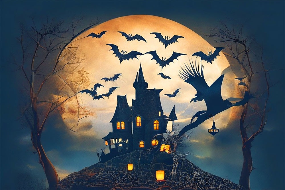 Halloween Full Moon Castle Bats Witch Backdrop UK RR7-479