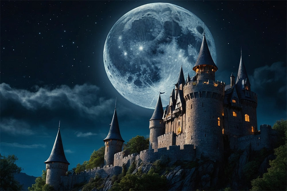 Halloween Castle Full Moon Photography Backdrop UK RR7-481