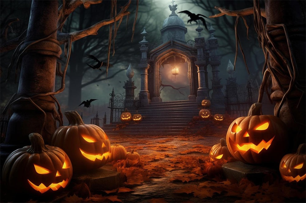 Halloween Night Graveyard Gate Pumpkin Backdrop UK RR7-483