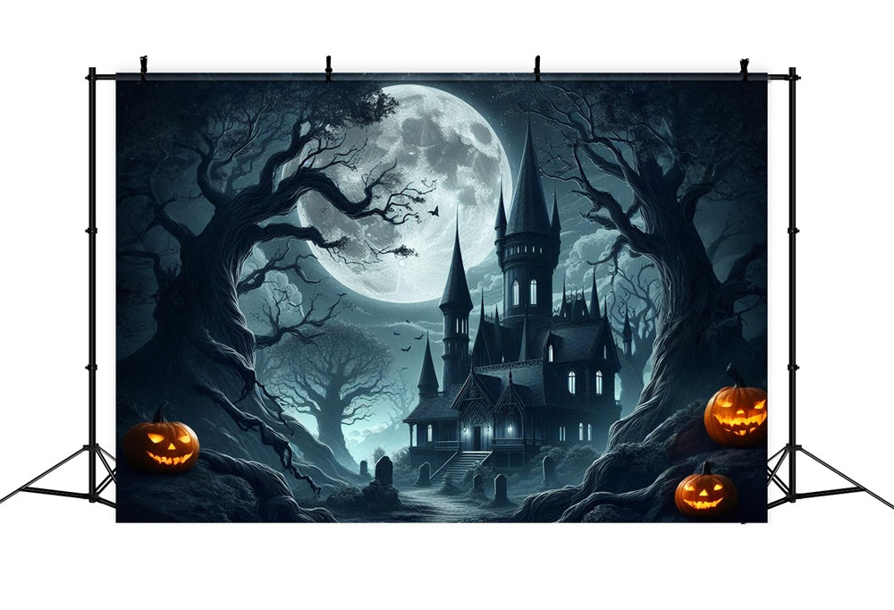 Halloween Spooky Castle Full Moon Backdrop UK RR7-484