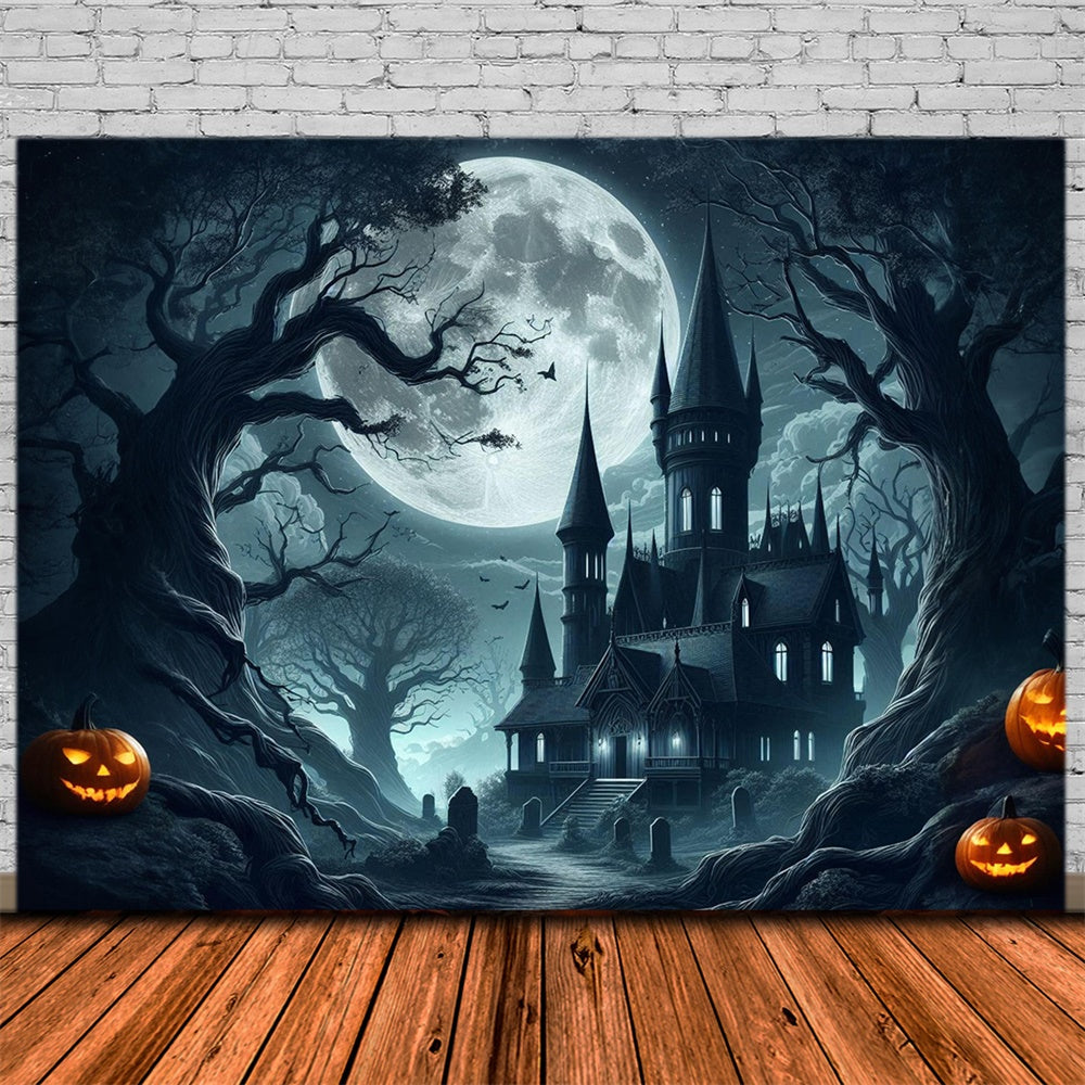 Halloween Spooky Castle Full Moon Backdrop UK RR7-484