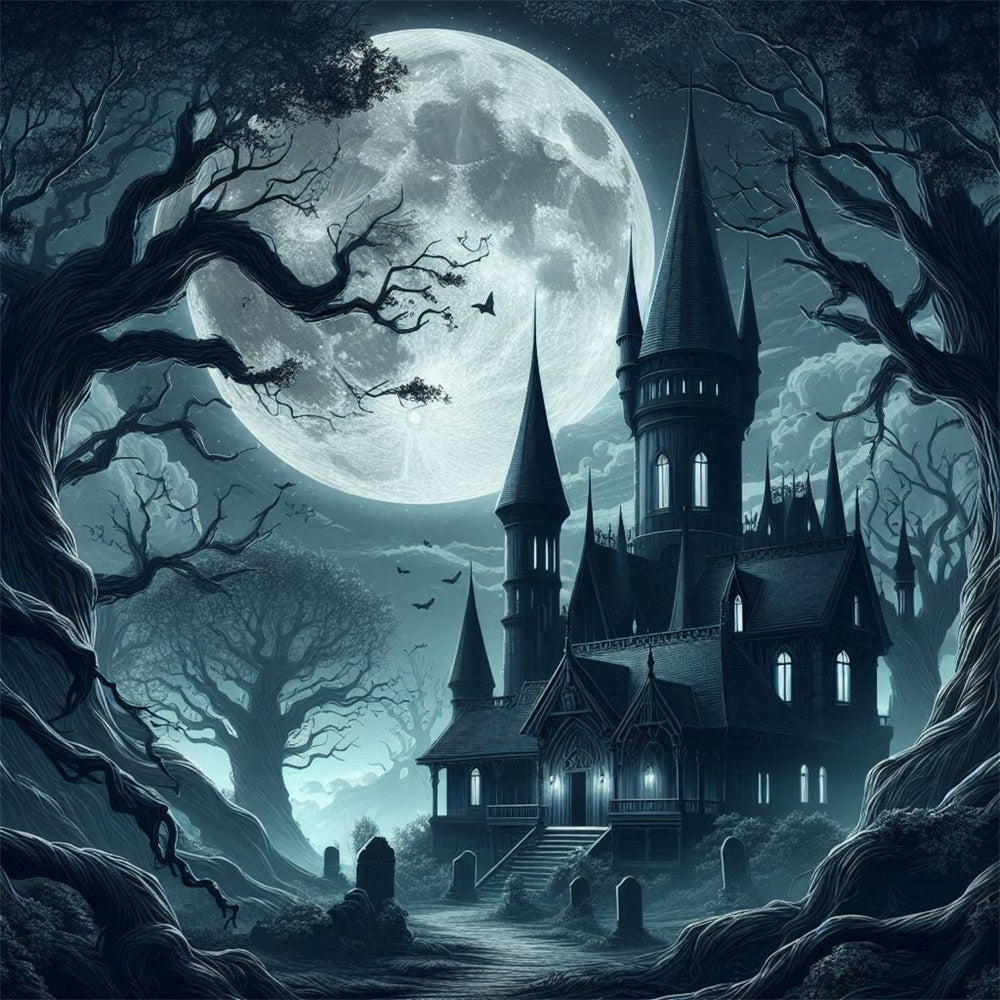 Halloween Spooky Castle Full Moon Backdrop UK RR7-484