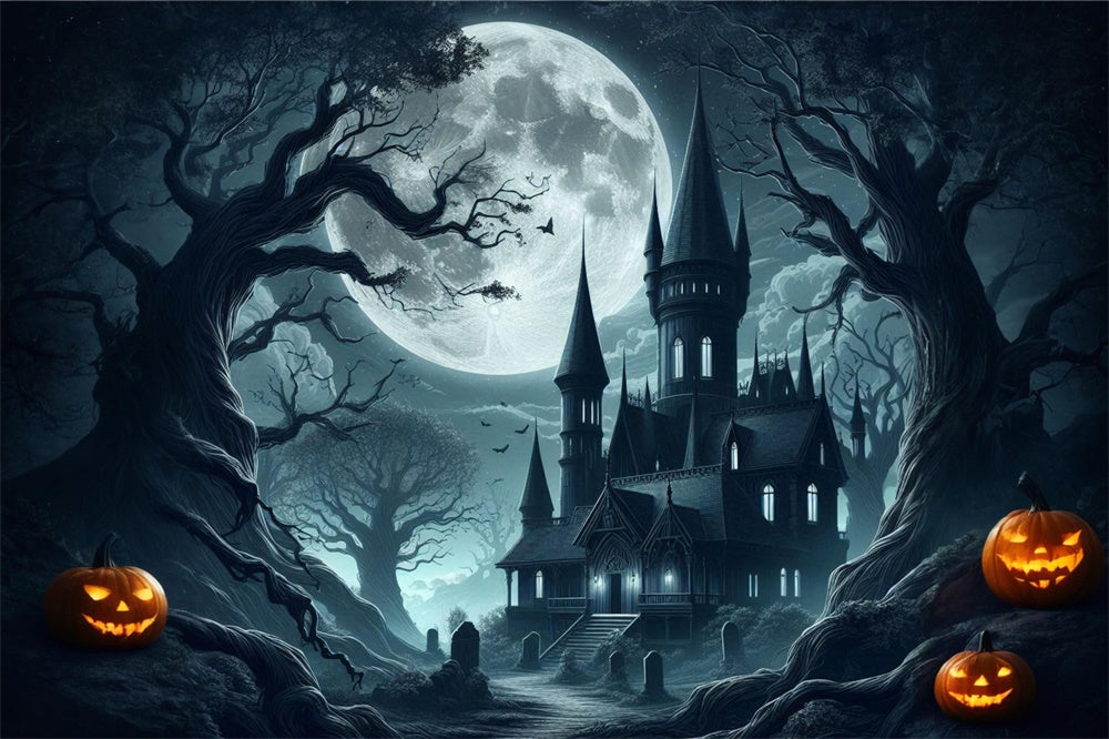 Halloween Spooky Castle Full Moon Backdrop UK RR7-484