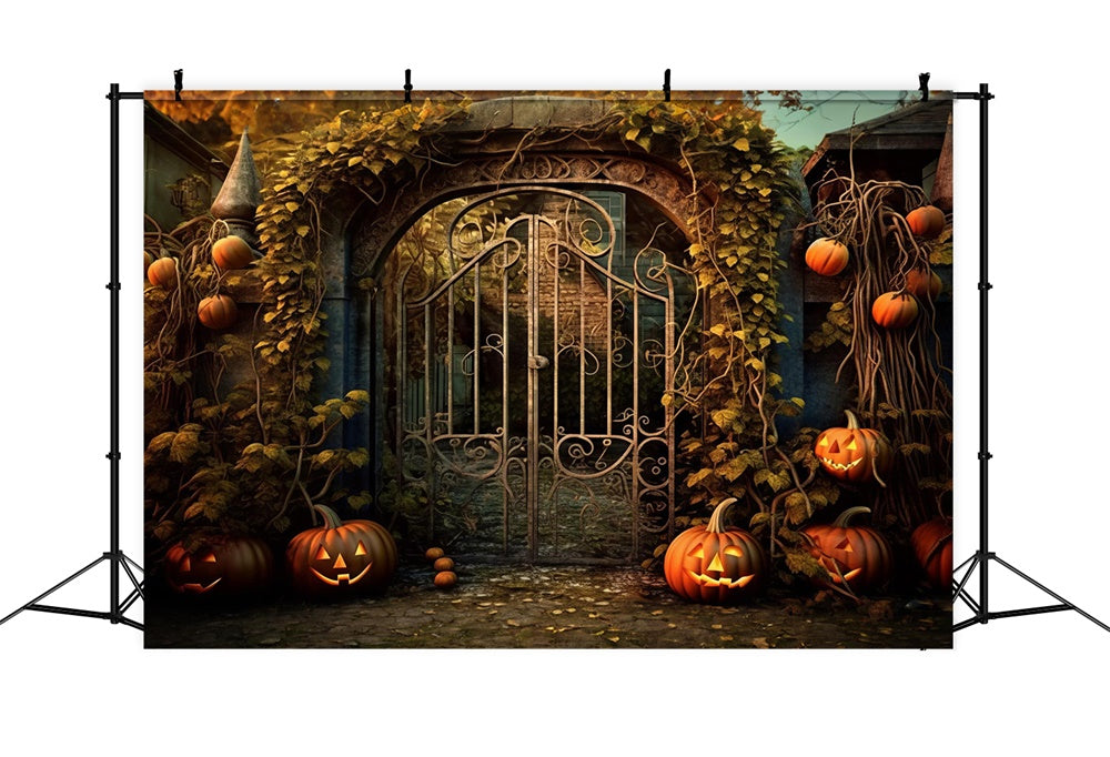 Halloween House Iron Gate Pumpkin Vines Backdrop UK RR7-485