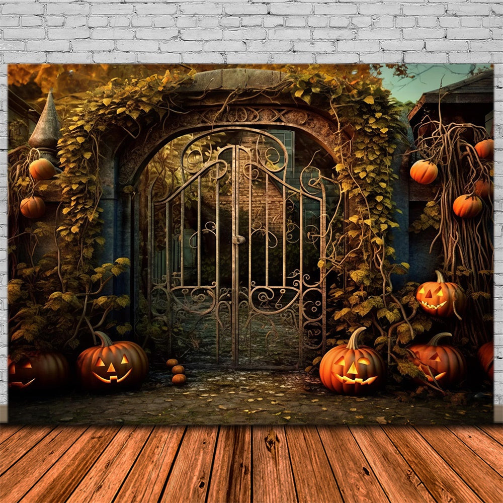 Halloween House Iron Gate Pumpkin Vines Backdrop UK RR7-485