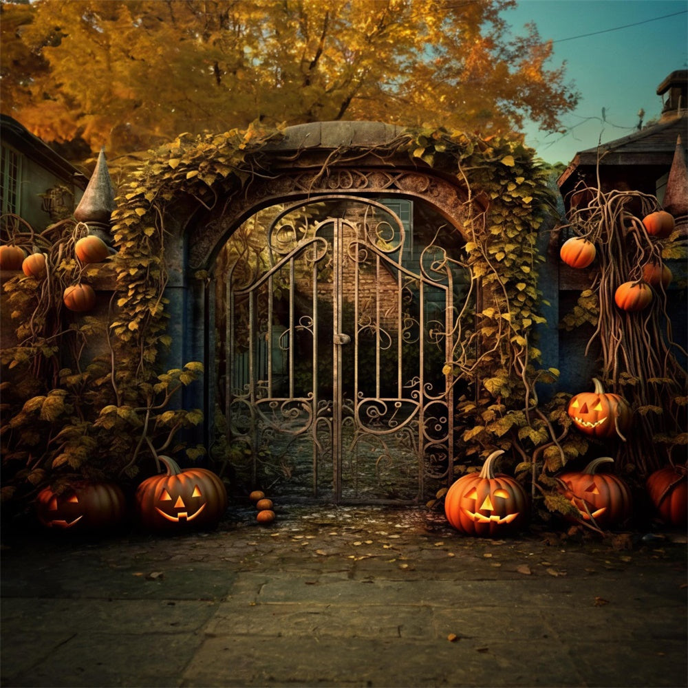 Halloween House Iron Gate Pumpkin Vines Backdrop UK RR7-485