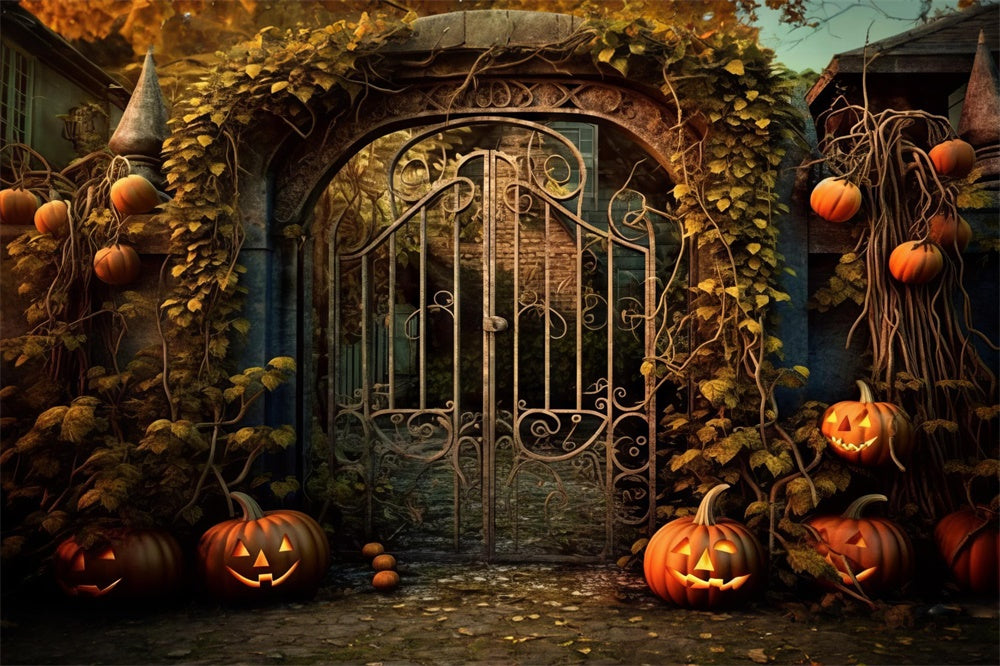 Halloween House Iron Gate Pumpkin Vines Backdrop UK RR7-485