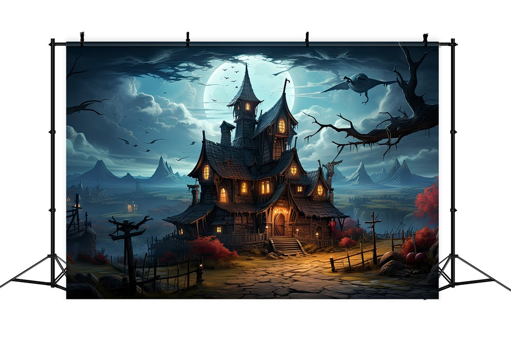 Full Moon Night Halloween Haunted House Backdrop UK RR7-510