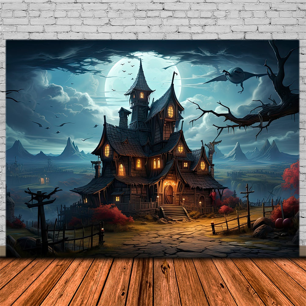 Full Moon Night Halloween Haunted House Backdrop UK RR7-510