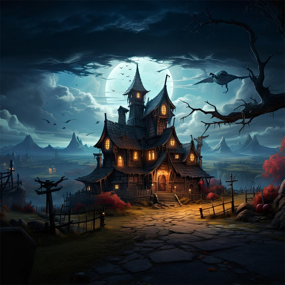 Full Moon Night Halloween Haunted House Backdrop UK RR7-510