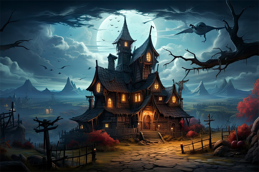 Full Moon Night Halloween Haunted House Backdrop UK RR7-510