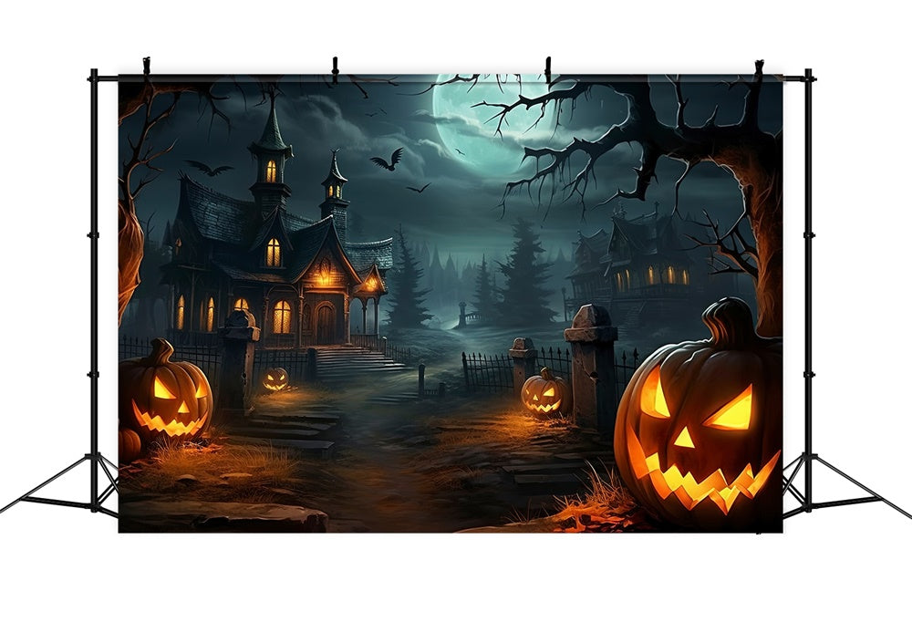 Halloween Spooky House Forest Pumpkin Backdrop UK RR7-512