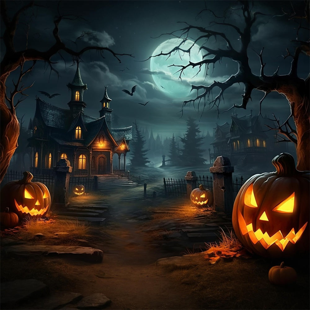 Halloween Spooky House Forest Pumpkin Backdrop UK RR7-512