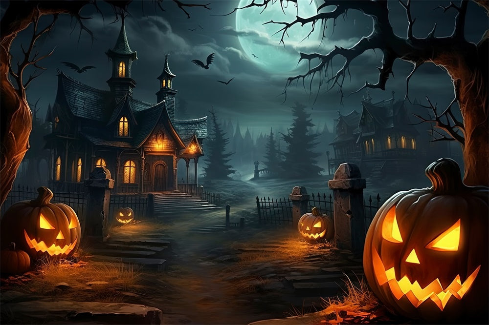 Halloween Spooky House Forest Pumpkin Backdrop UK RR7-512