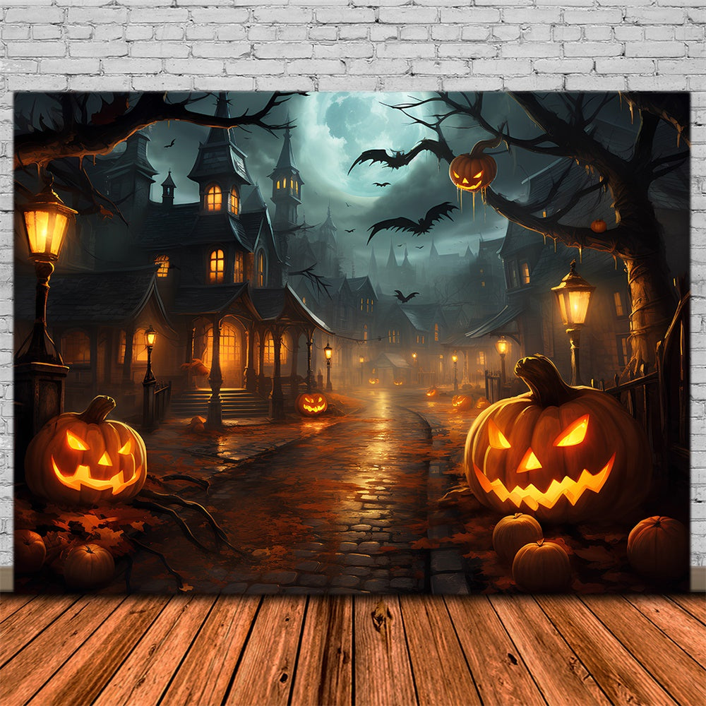 Halloween Scary Night Town Pumpkin Backdrop UK RR7-513