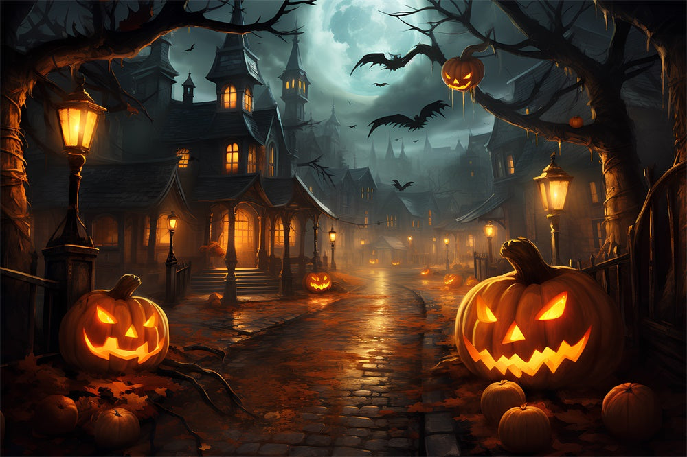 Halloween Scary Night Town Pumpkin Backdrop UK RR7-513